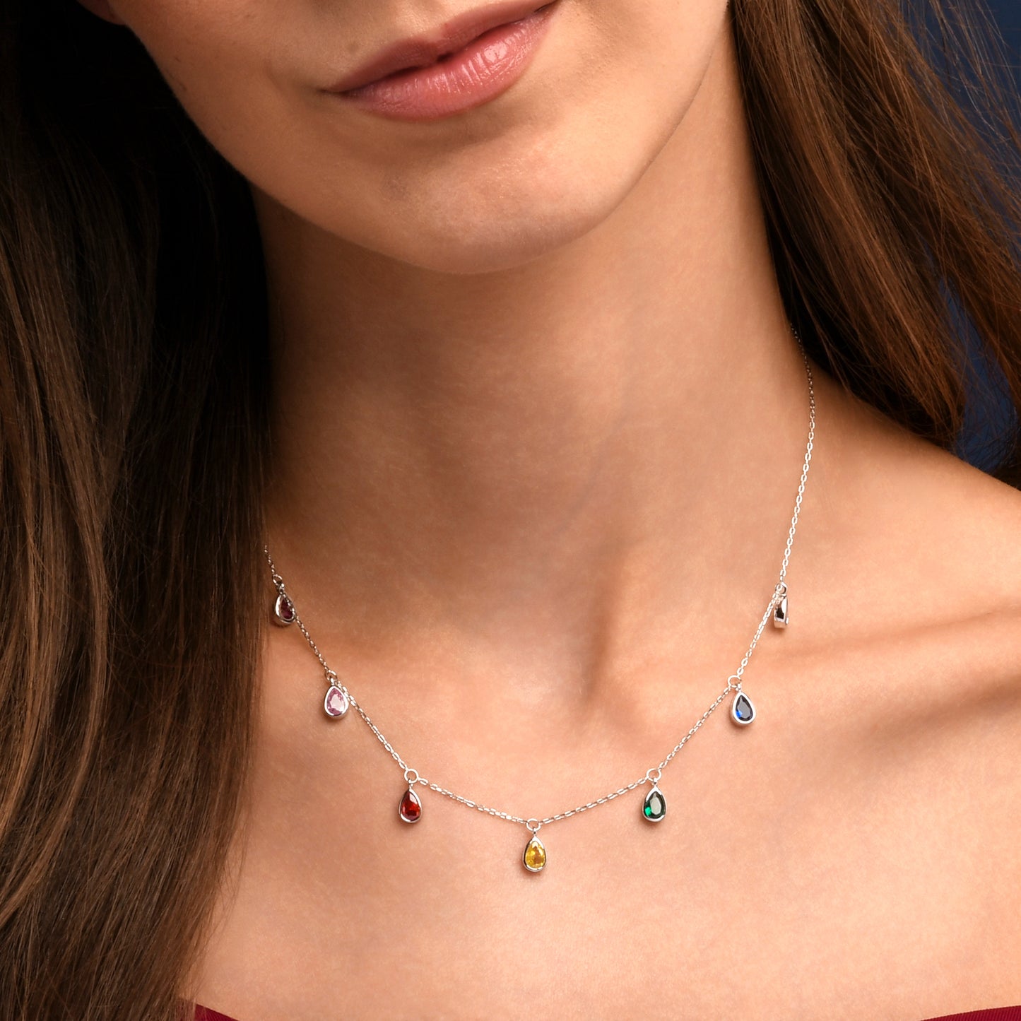 925 Sterling Silver Rainbow Coloured Pear Shaped Charm Necklace for Women
