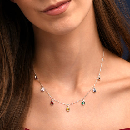 925 Sterling Silver Rainbow Coloured Pear Shaped Charm Necklace for Women