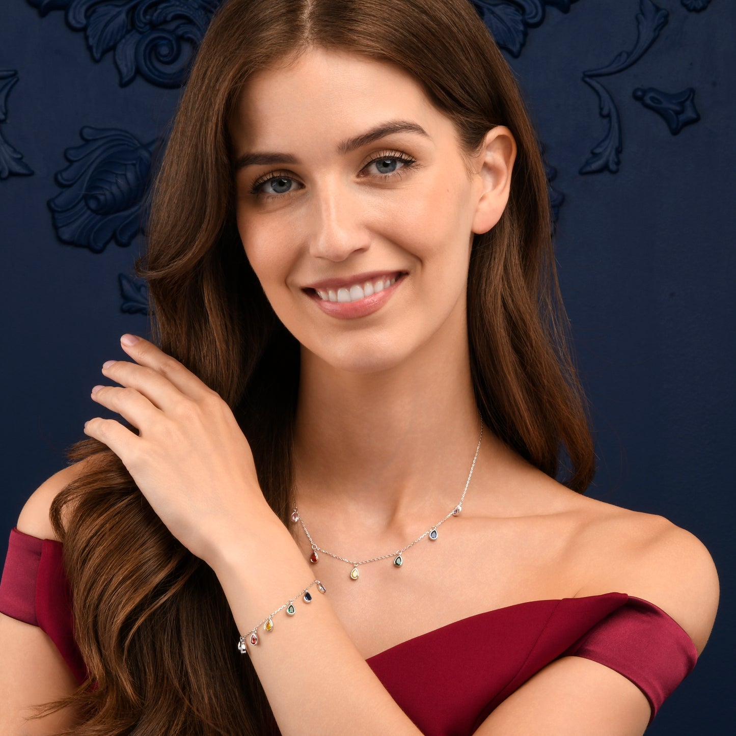 925 Sterling Silver Rainbow Coloured Pear Shaped Charm Bracelet for Women