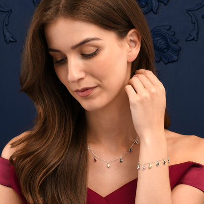 925 Sterling Silver Rainbow Coloured Pear Shaped Charm Bracelet for Women