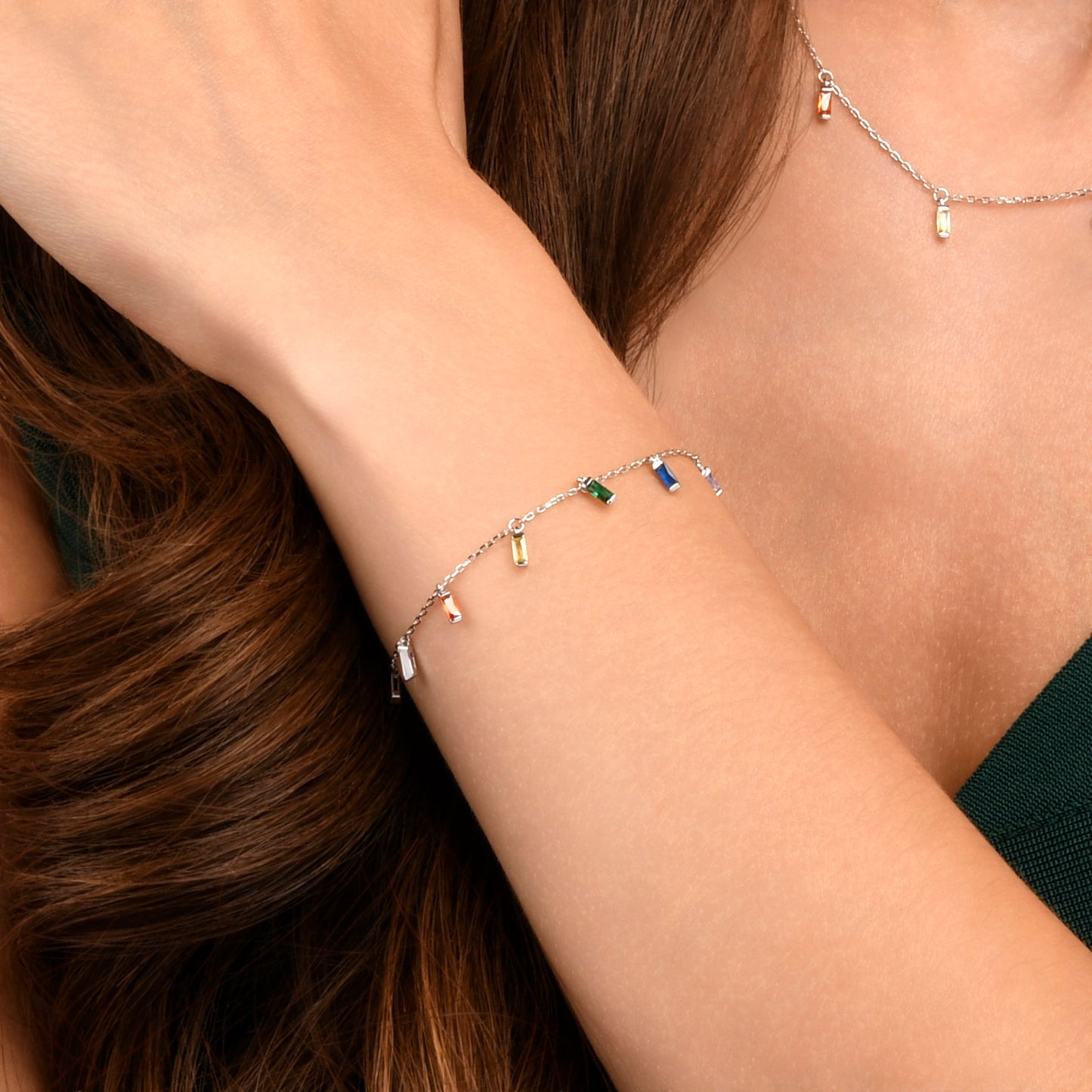 925 Sterling Silver Rainbow Coloured Buguette Charm Bracelet for Women