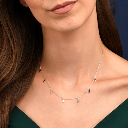 925 Sterling Silver Rainbow Coloured  Baguette Charm Necklace for Women