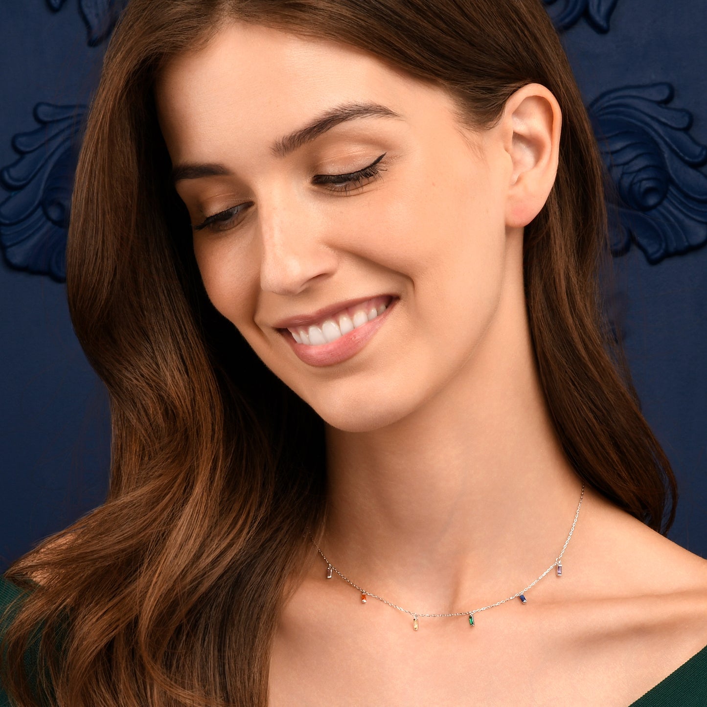 925 Sterling Silver Rainbow Coloured  Baguette Charm Necklace for Women
