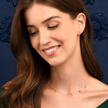 925 Sterling Silver Rainbow Coloured  Baguette Charm Necklace for Women