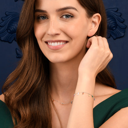 925 Sterling Silver Rainbow Coloured Buguette Charm Bracelet for Women