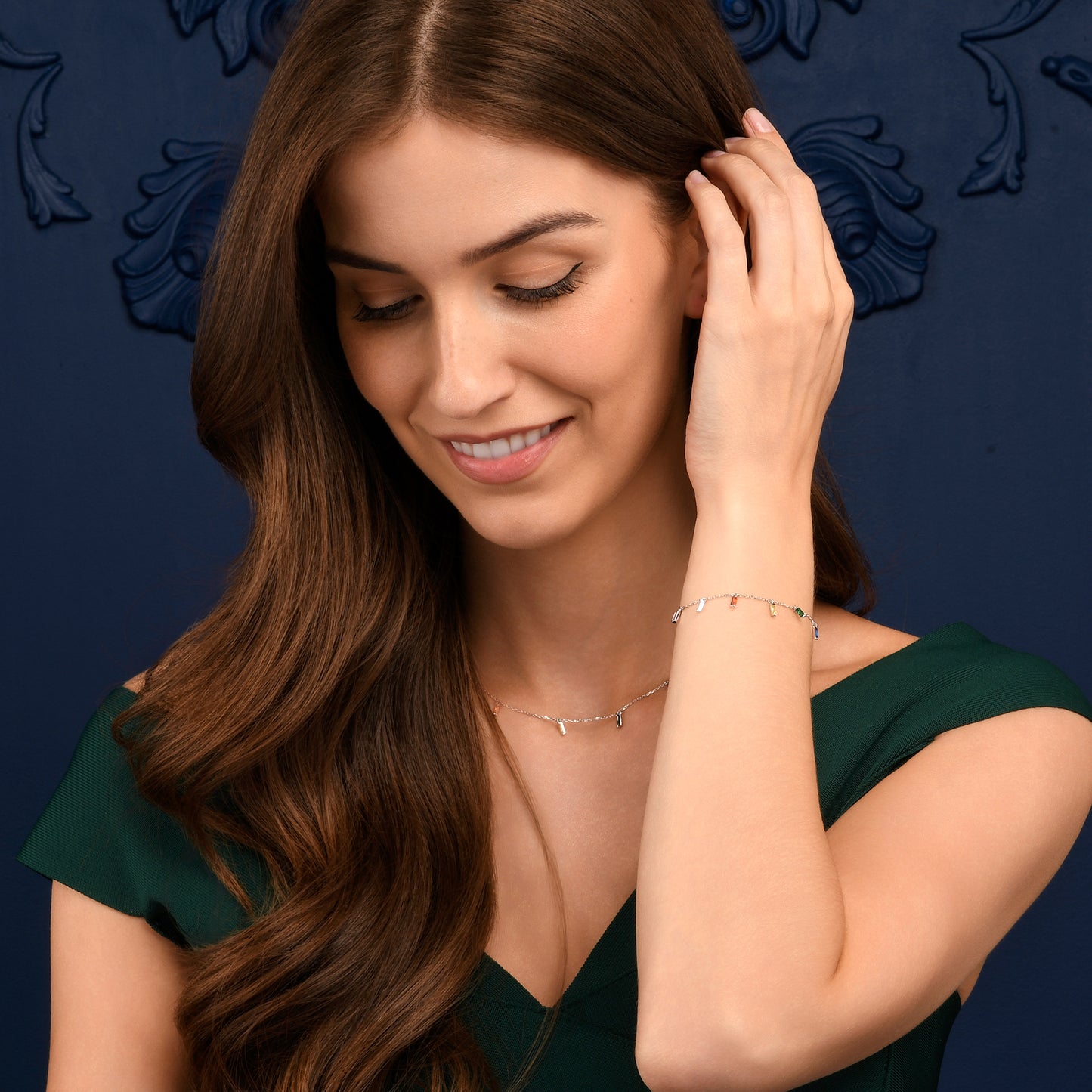 925 Sterling Silver Rainbow Coloured Buguette Charm Bracelet for Women