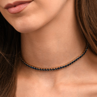 4mm Wide Blue Gold Tennis Choker Necklace With Blue Cubic Zirconia Stones