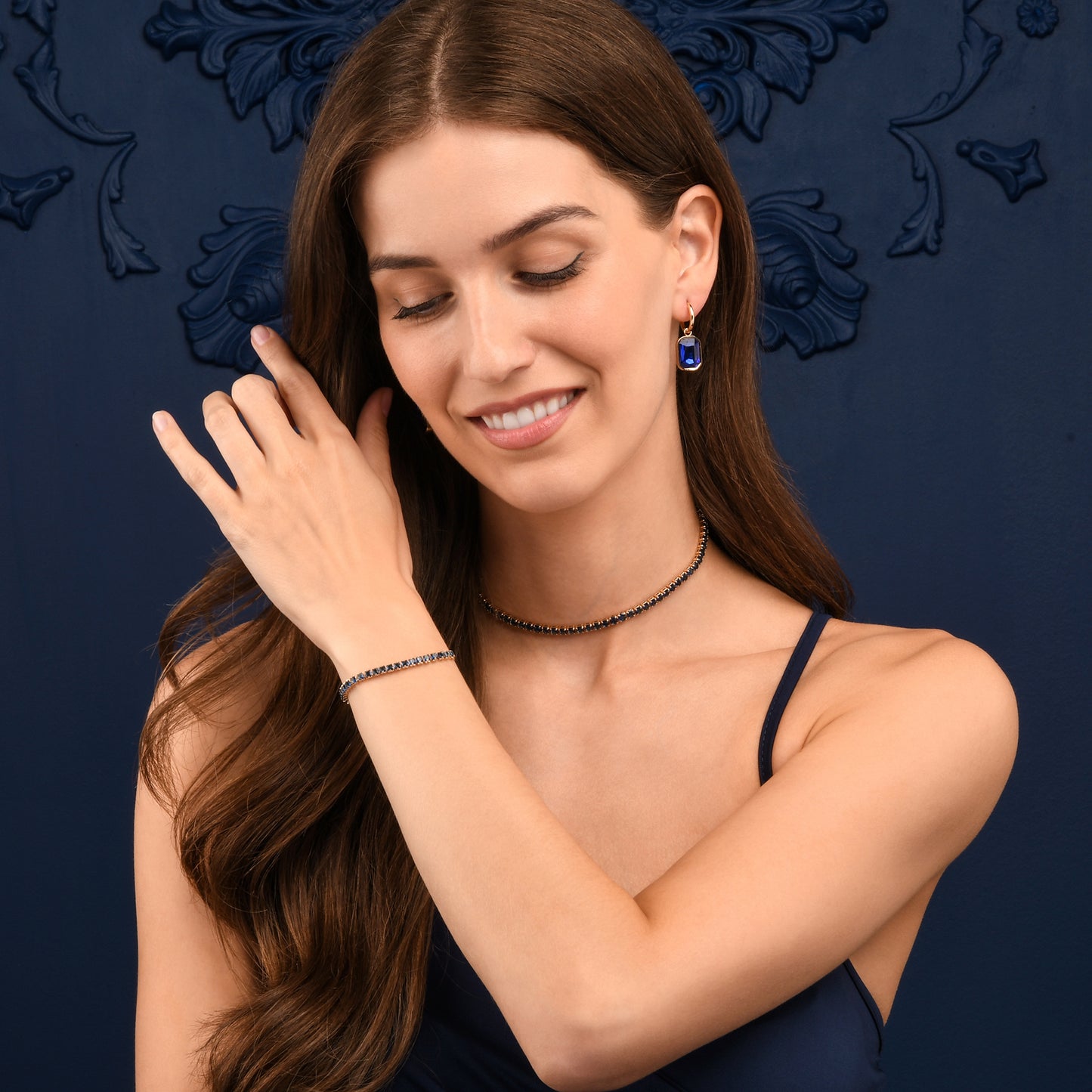 4mm Wide Blue Gold Tennis Choker Necklace With Blue Cubic Zirconia Stones