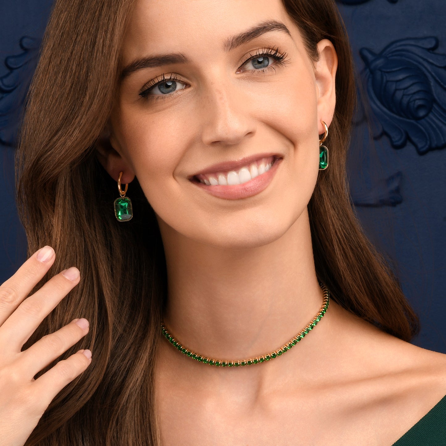 Green Rectangle Crystal Dangle Earrings on Small Hoops