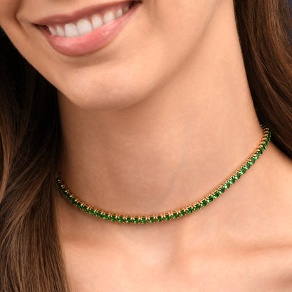 4mm Wide Green Gold Tennis Choker Necklace With Green Cubic Zirconia Stones
