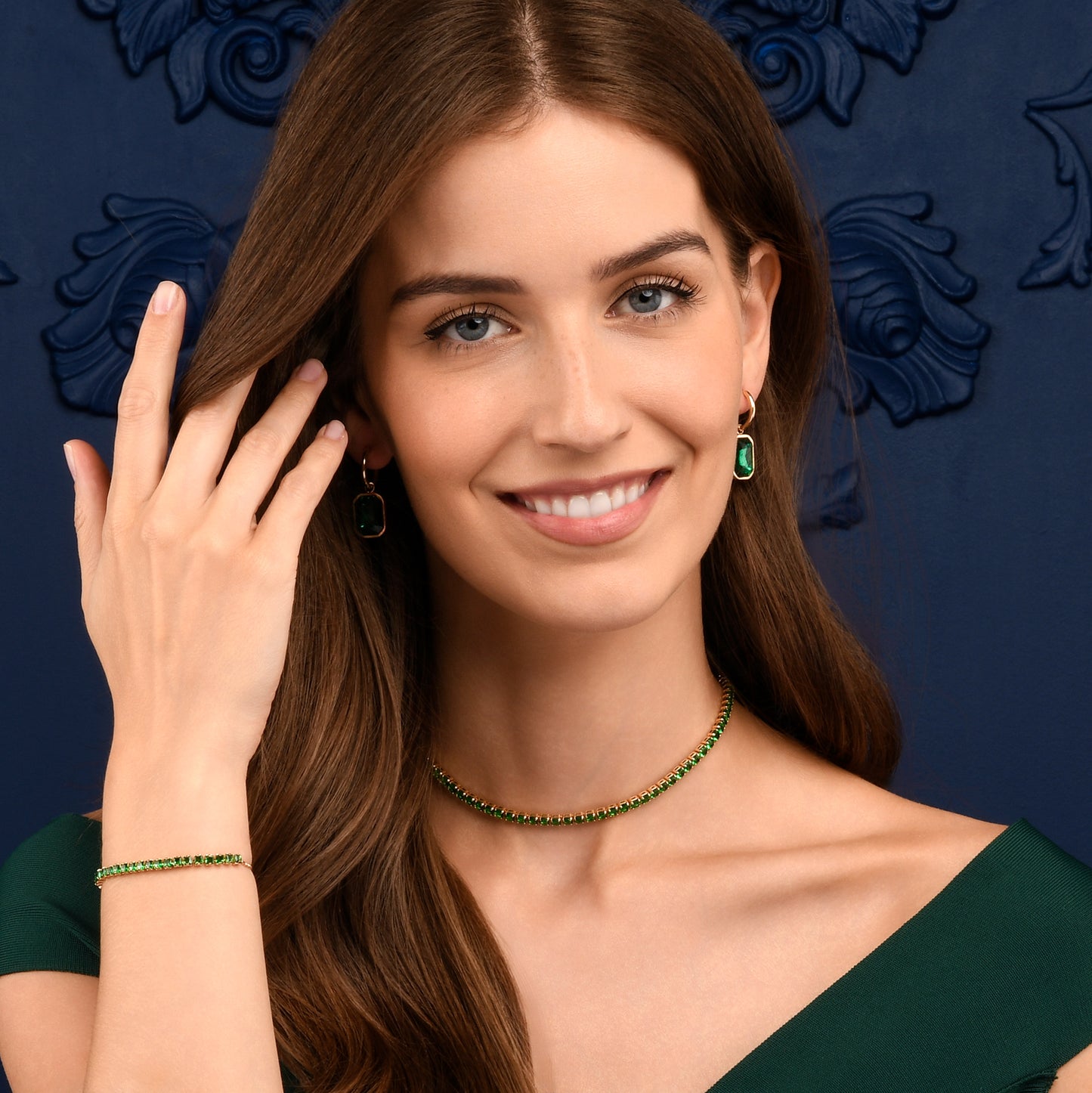 Adjustable Gold Bracelet for Women with Green Stones
