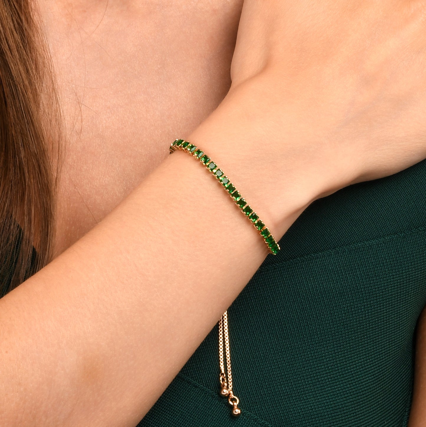 Adjustable Gold Bracelet for Women with Green Stones