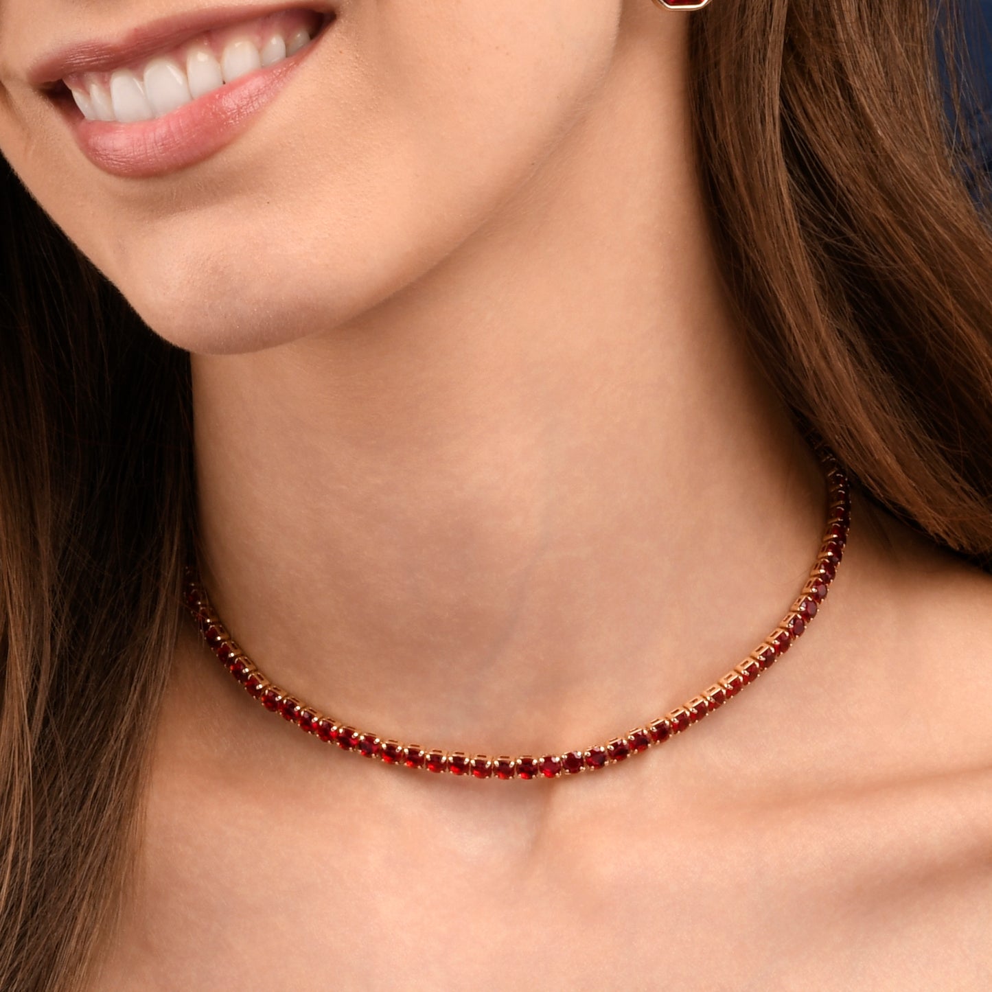 4mm Wide Red Gold Tennis Choker Necklace With Red Cubic Zirconia Stones