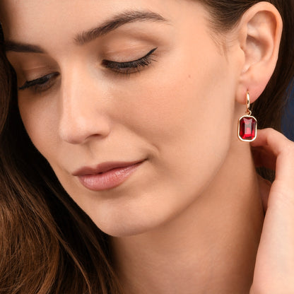 Red Rectangle Crystal Dangle Earrings on Small Hoops