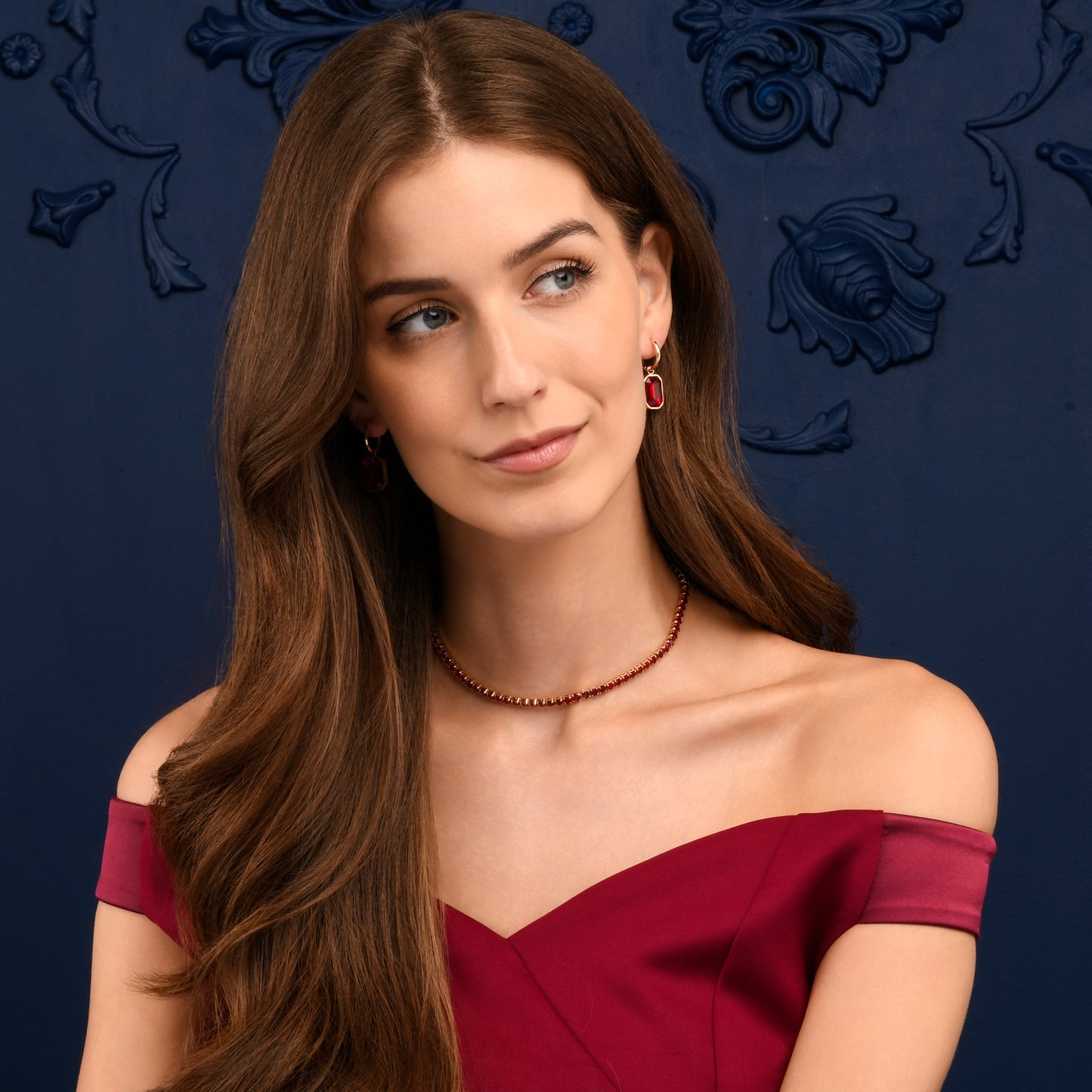 Red Rectangle Crystal Dangle Earrings on Small Hoops