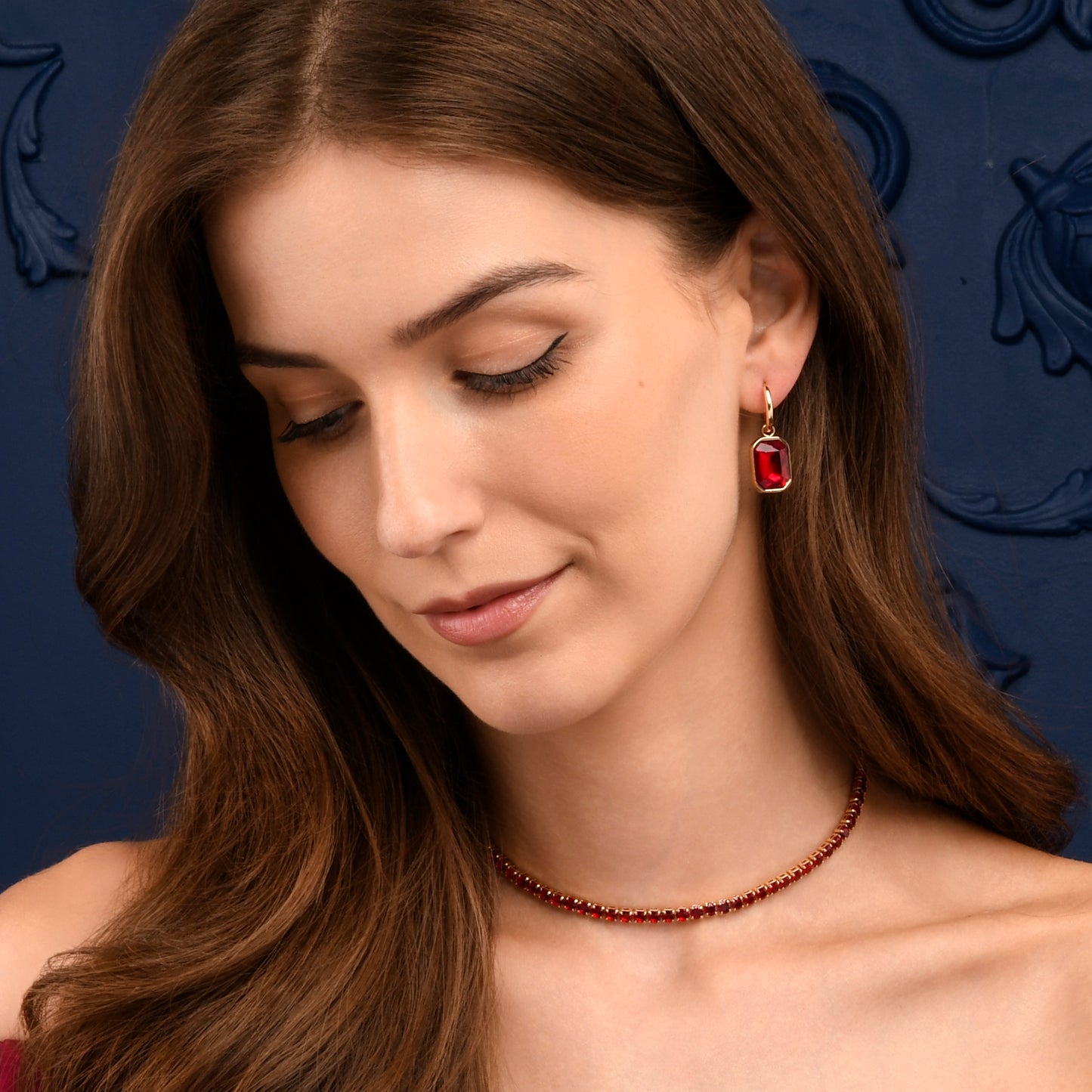Red Rectangle Crystal Dangle Earrings on Small Hoops