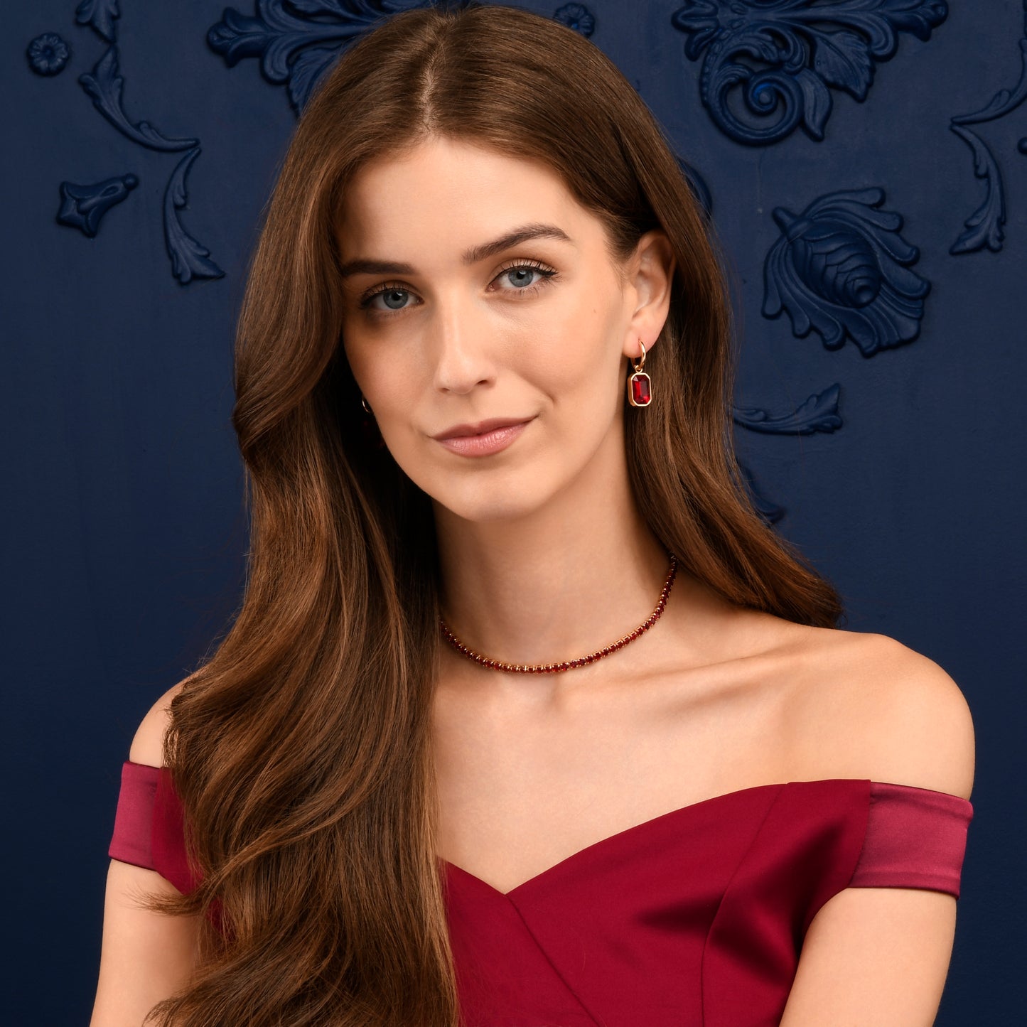 Red Rectangle Crystal Dangle Earrings on Small Hoops