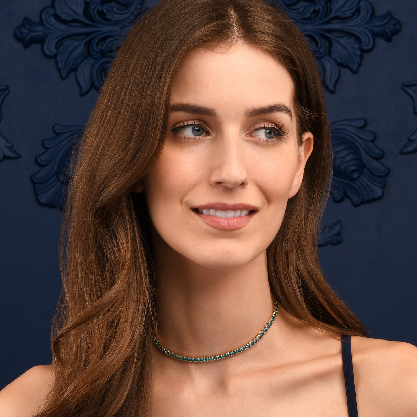 4mm Wide Light Blue Gold Tennis Choker Necklace With Light Blue Cubic Zirconia Stones (Copy)