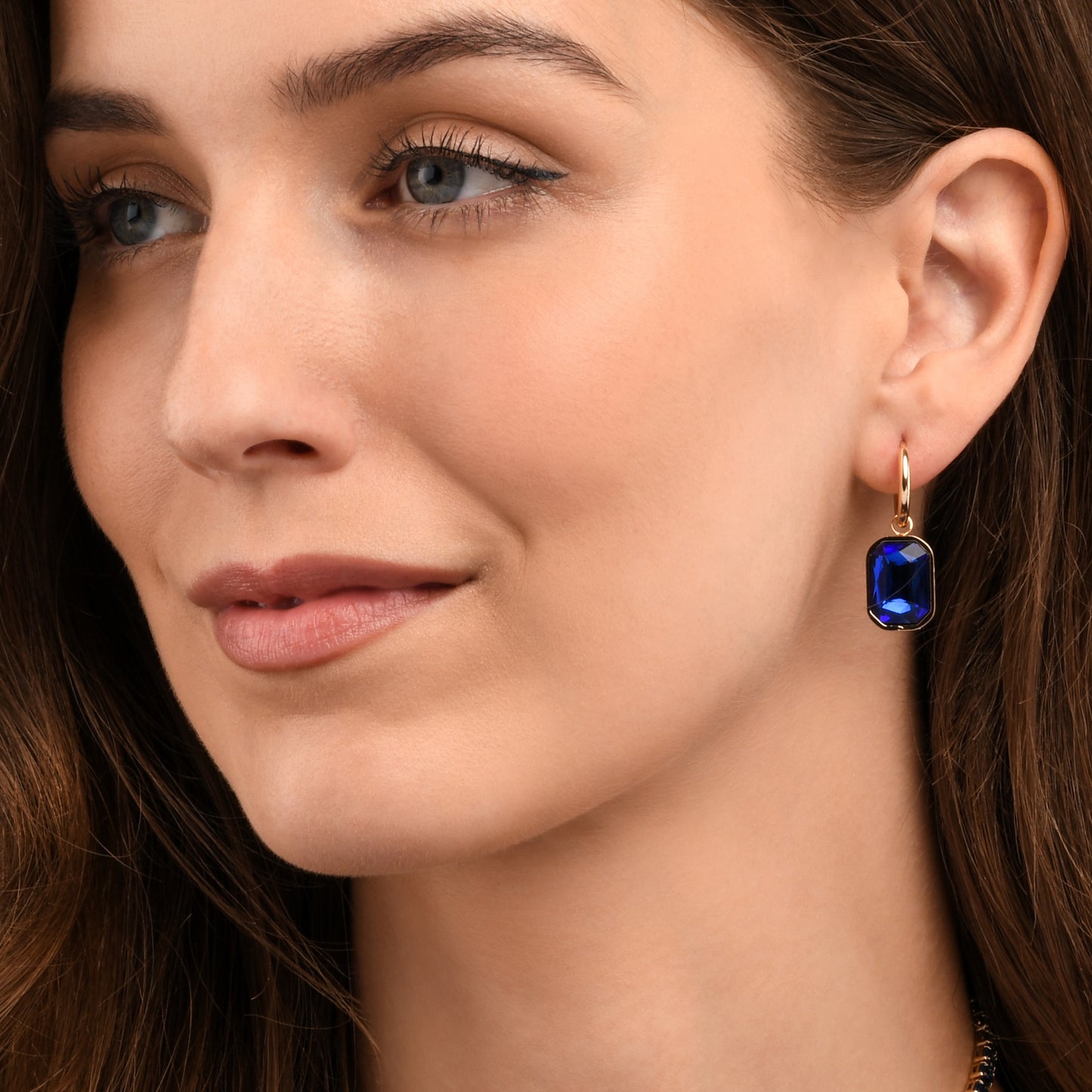 Blue Rectangle Crystal Dangle Earrings on Small Hoops