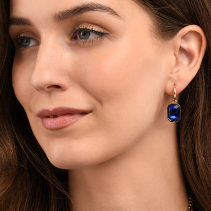 Blue Rectangle Crystal Dangle Earrings on Small Hoops