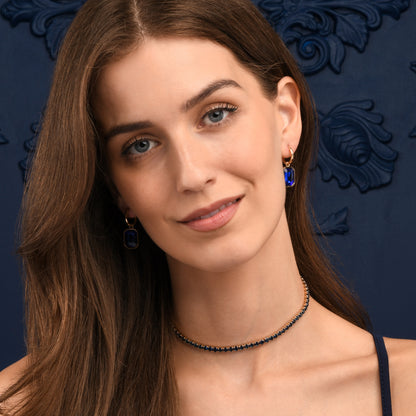 Blue Rectangle Crystal Dangle Earrings on Small Hoops