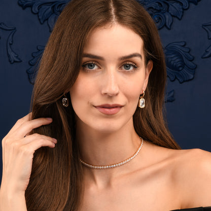 Gold Rectangle Crystal Dangle Earrings on Small Hoops