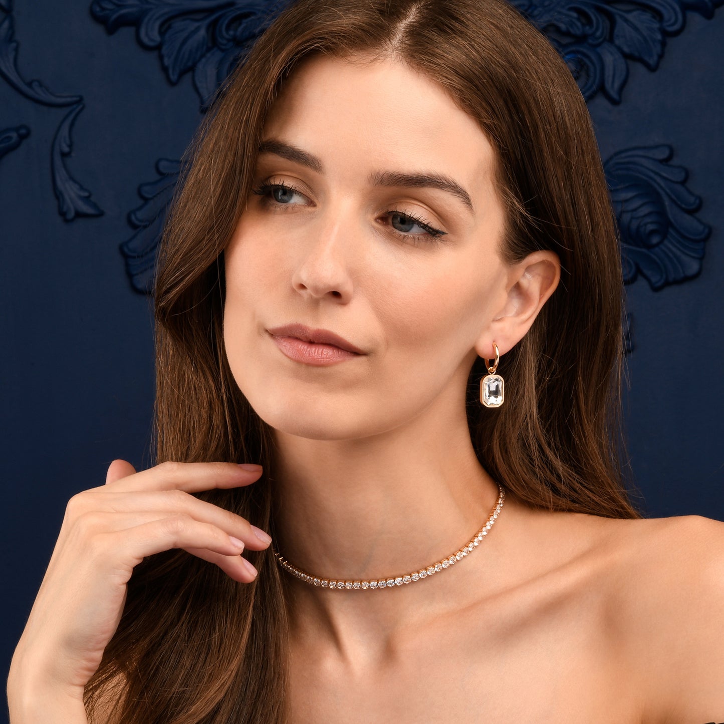 Gold Rectangle Crystal Dangle Earrings on Small Hoops