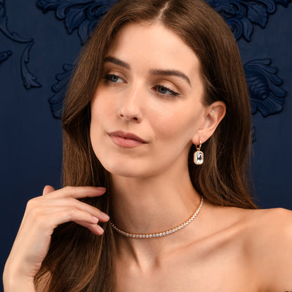 Gold Rectangle Crystal Dangle Earrings on Small Hoops