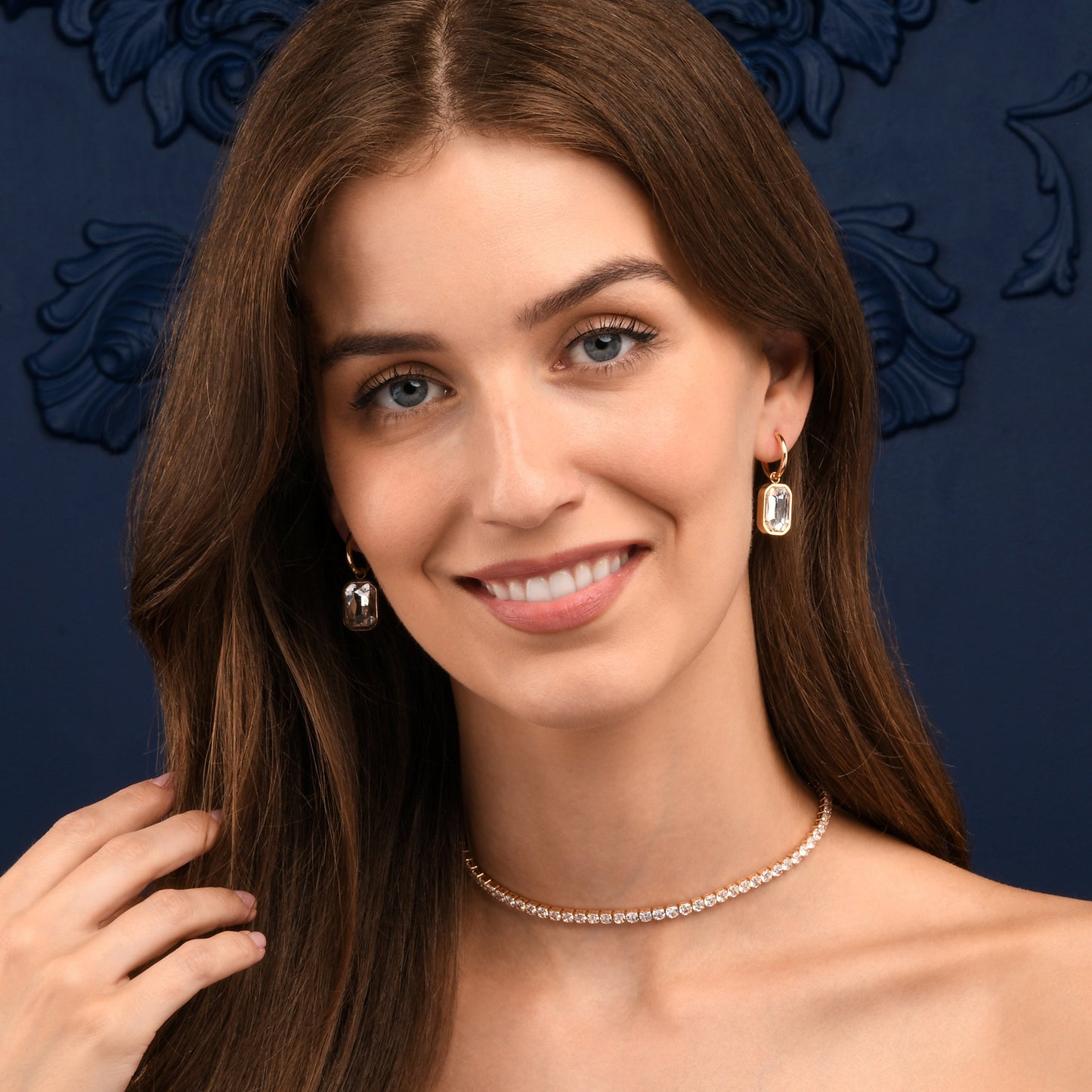 Gold Rectangle Crystal Dangle Earrings on Small Hoops