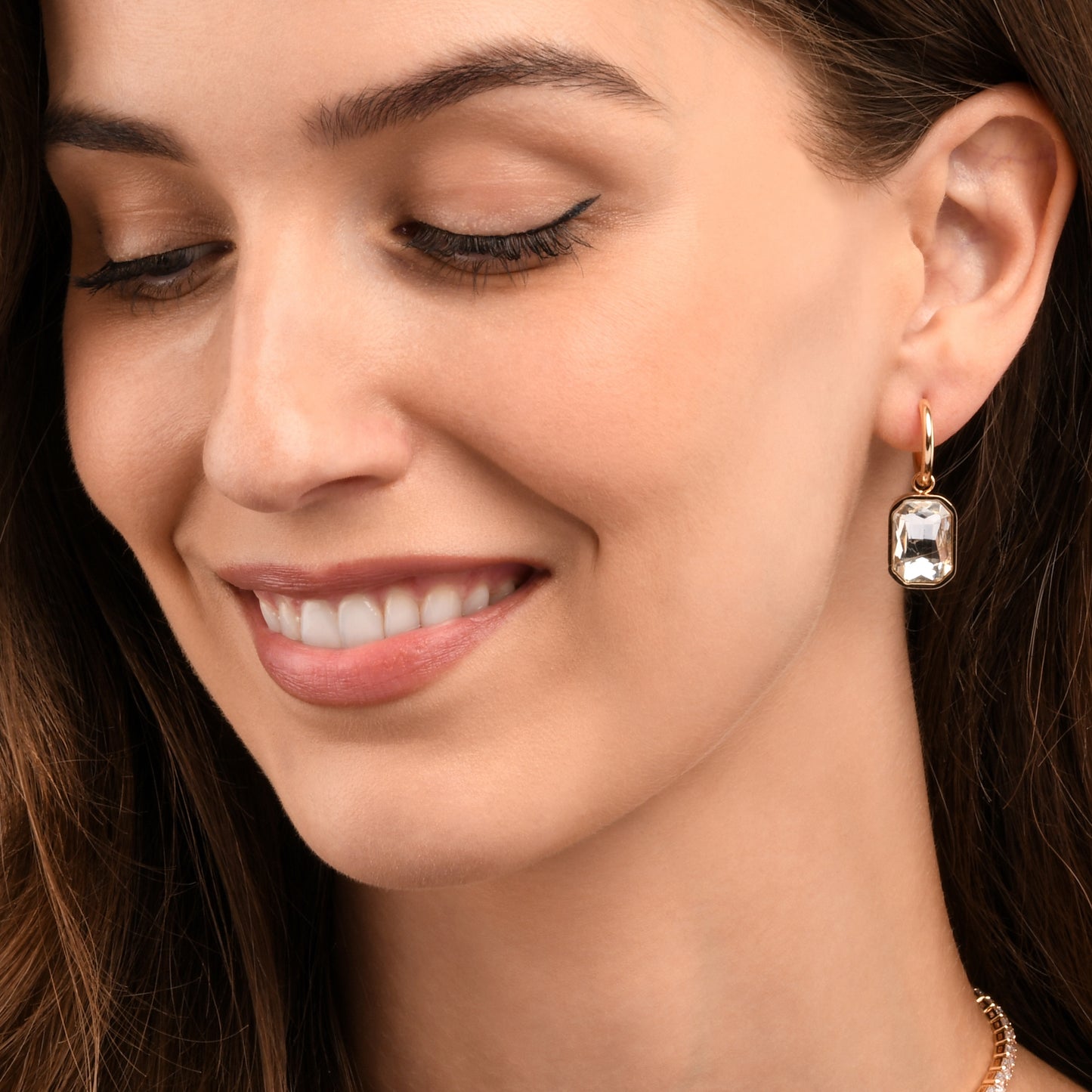 Gold Rectangle Crystal Dangle Earrings on Small Hoops