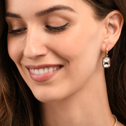 Gold Rectangle Crystal Dangle Earrings on Small Hoops