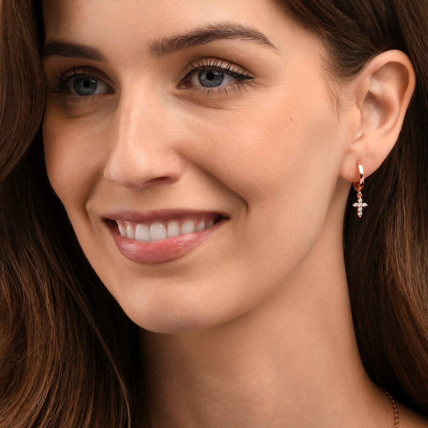 Rose Gold Plated Hoop Earrings with Cross Charm and Cubic Zirconia