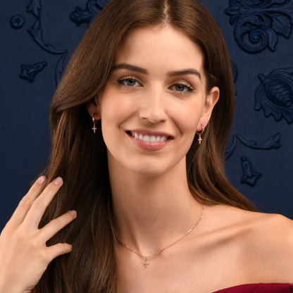 Rose Gold Plated Hoop Earrings with Cross Charm and Cubic Zirconia