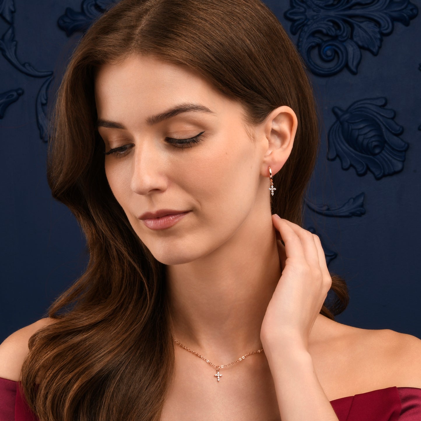 Rose Gold Plated Hoop Earrings with Cross Charm and Cubic Zirconia