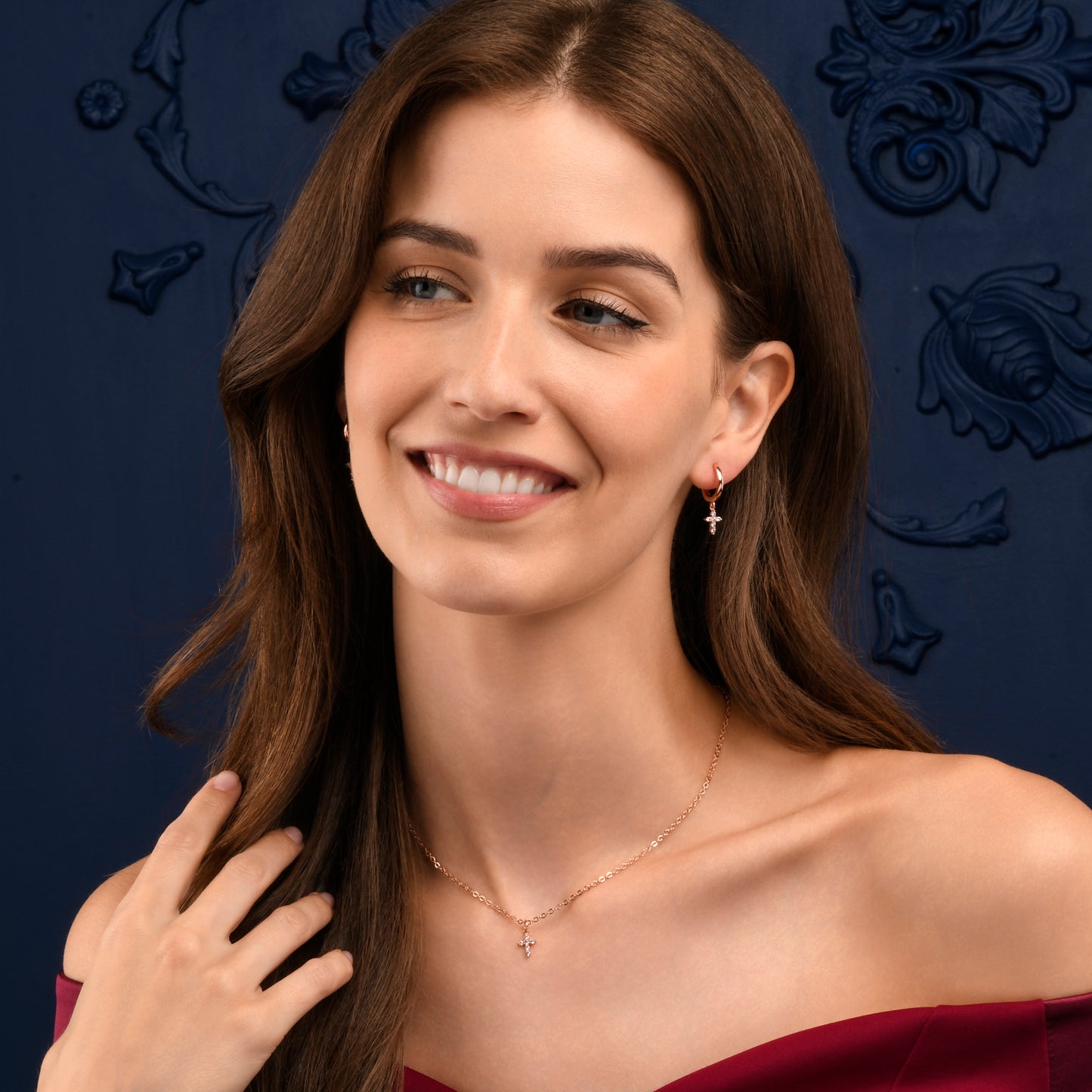 Rose Gold Plated Hoop Earrings with Cross Charm and Cubic Zirconia
