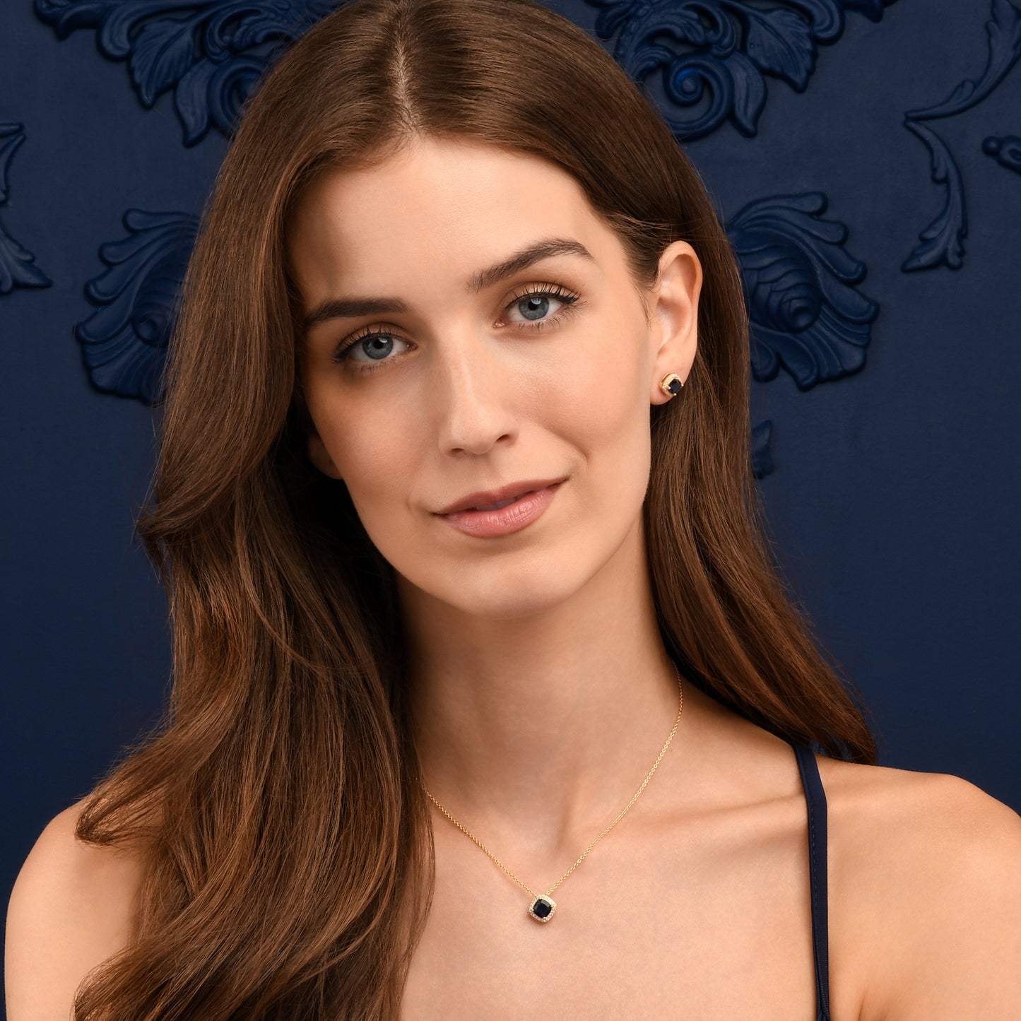 Gold Plated Sterling Silver Blue Cubic Zirconia Cushion Halo Stud Earrings