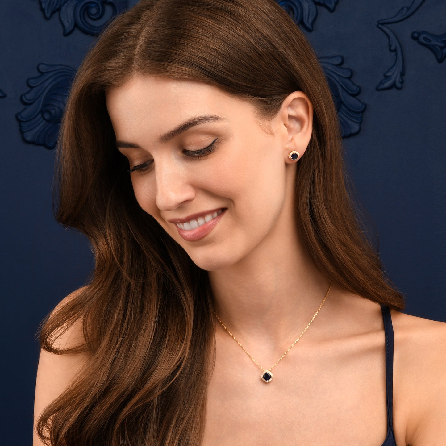 Gold Plated Sterling Silver Blue Cubic Zirconia Cushion Halo Stud Earrings