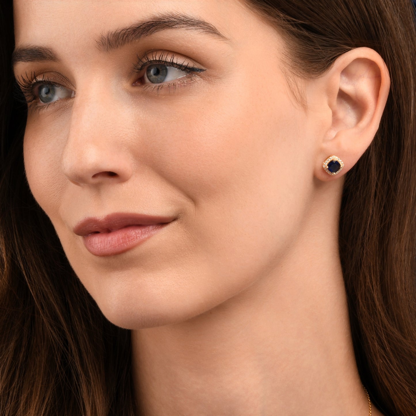 Gold Plated Sterling Silver Blue Cubic Zirconia Cushion Halo Stud Earrings