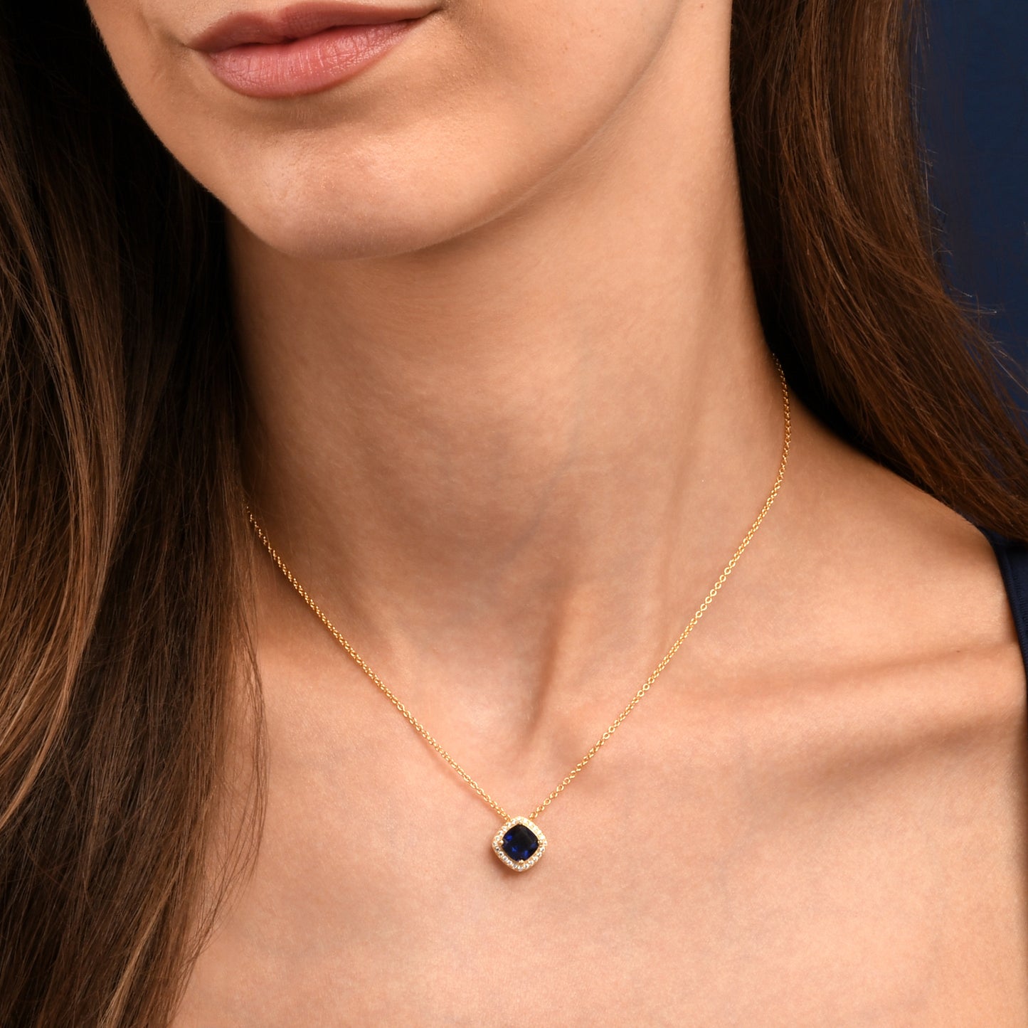 Gold Plated Sterling Silver Blue Cubic Zirconia Cushion Halo Pendant Necklace