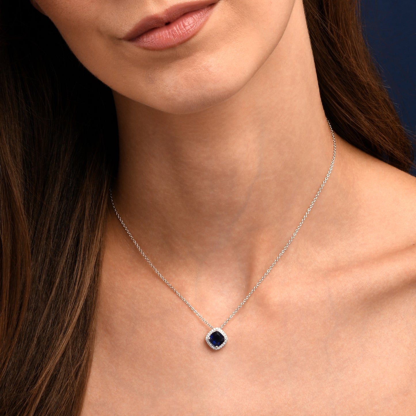925 Sterling Silver Blue Cubic Zirconia Cushion Halo Pendant Necklace