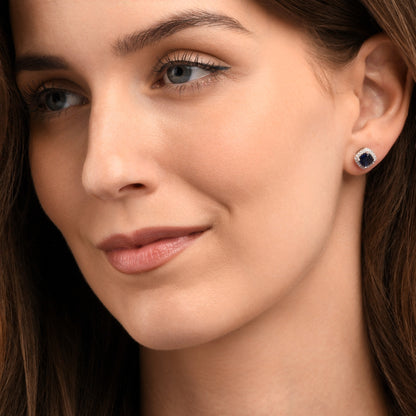 925 Sterling Silver Blue Cubic Zirconia Cushion Halo Stud Earrings