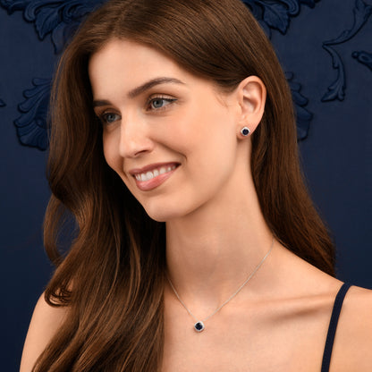 925 Sterling Silver Blue Cubic Zirconia Cushion Halo Pendant Necklace