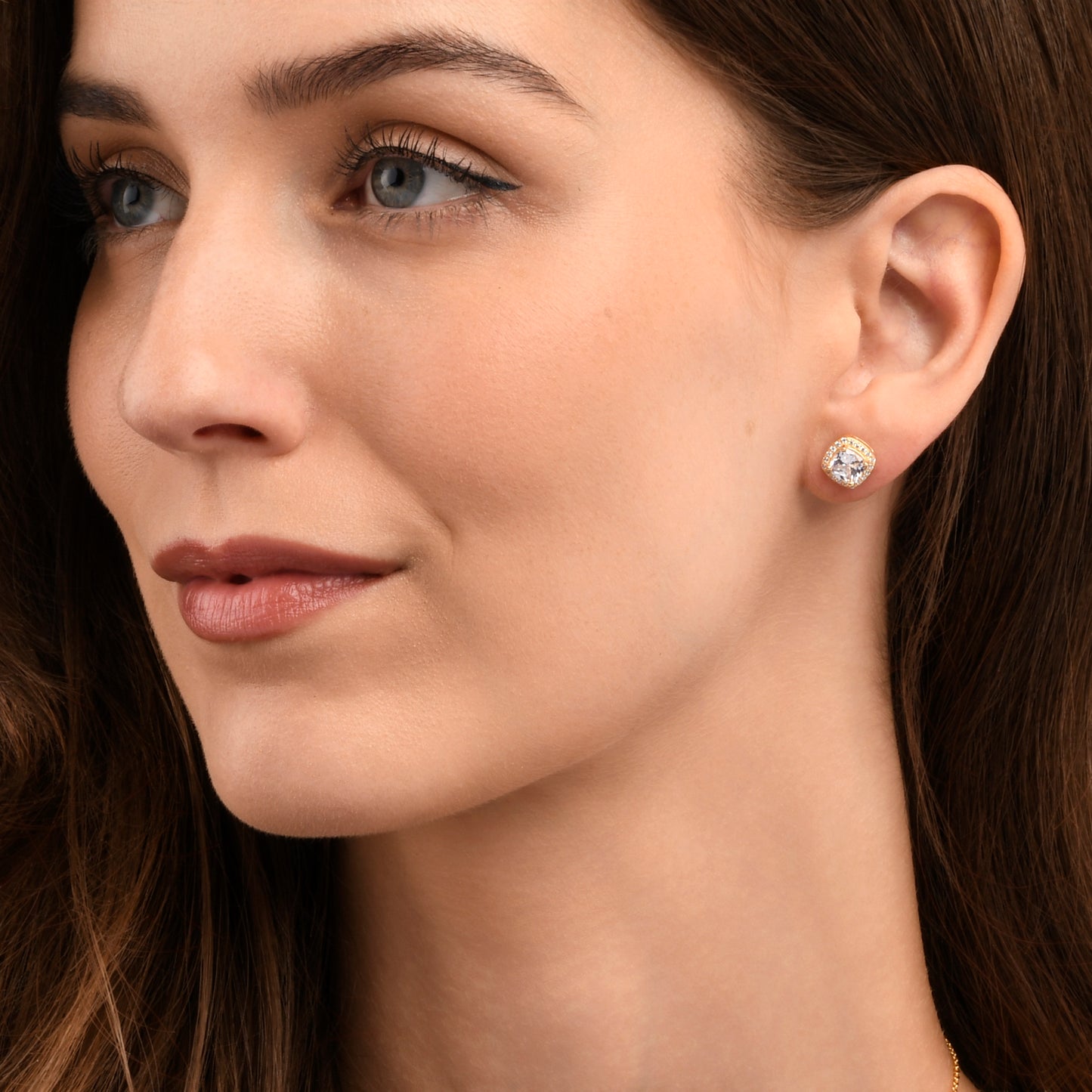 Gold Plated Sterling Silver Cushion Halo Stud Earrings With Cubic Zirconia For Women