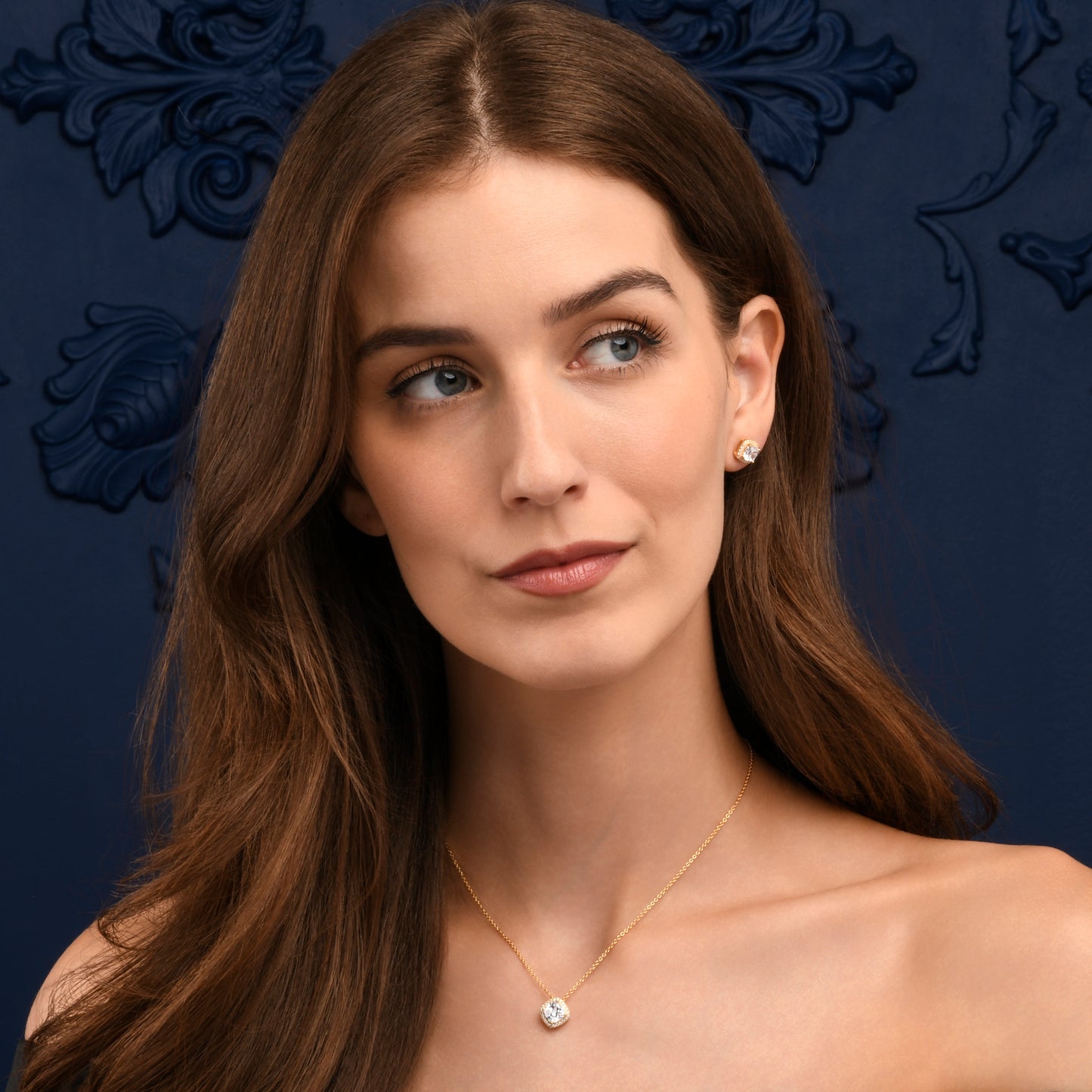 Gold Plated Sterling Silver Cushion Halo Stud Earrings With Cubic Zirconia For Women