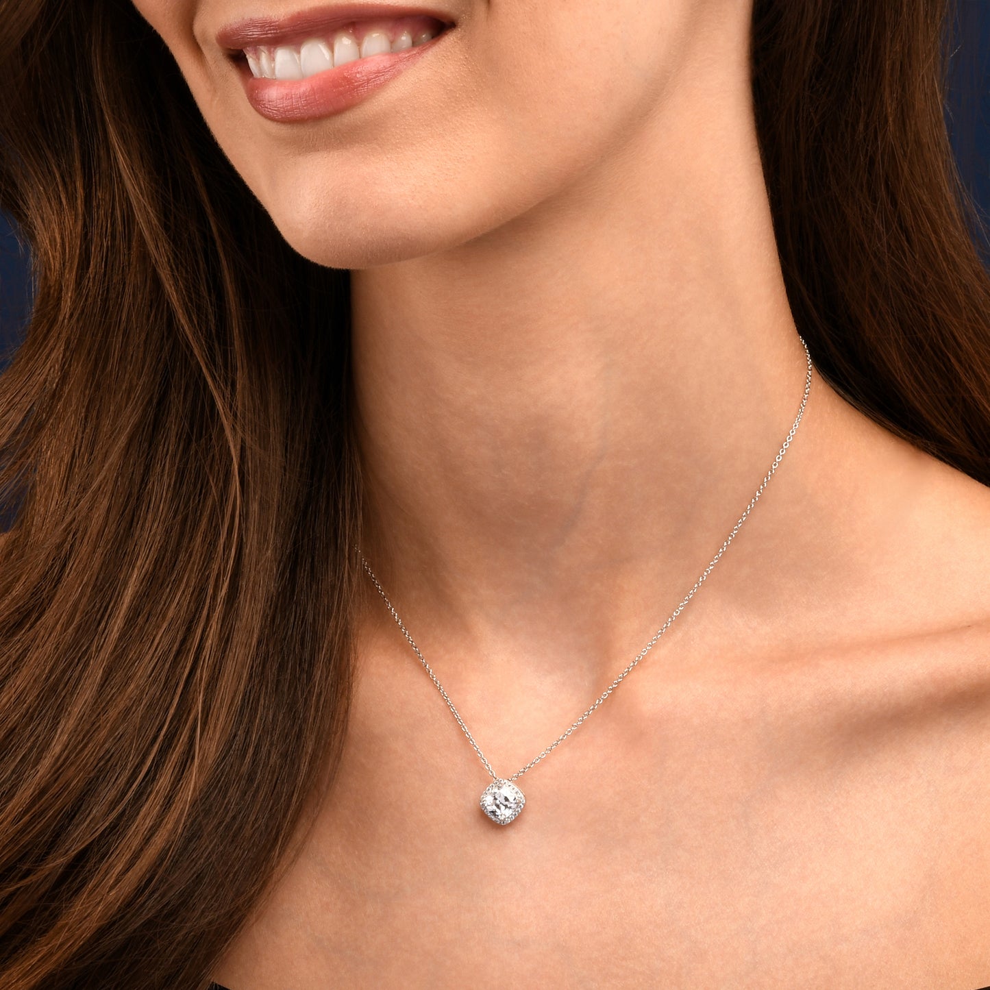 925 Sterling Silver  Cubic Zirconia Cushion Halo Pendant Necklace