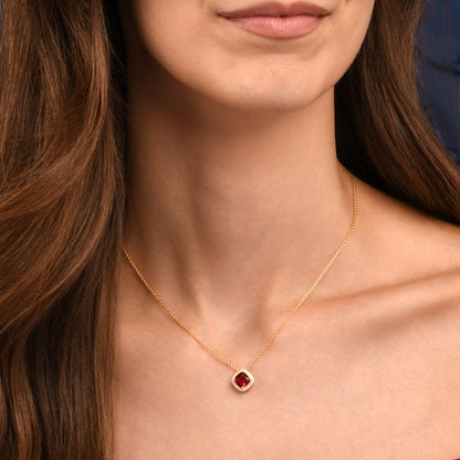 Gold Plated Sterling Silver Red Cubic Zirconia Cushion Halo Pendant Necklace