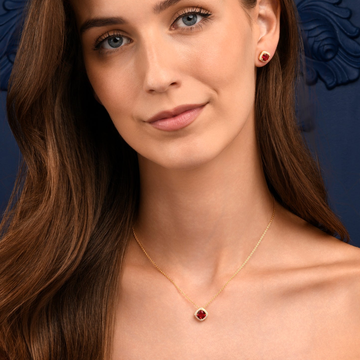 Gold Plated Sterling Silver Red Cubic Zirconia Cushion Halo Pendant Necklace