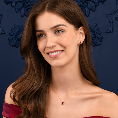 Gold Plated Sterling Silver Red Cubic Zirconia Cushion Halo Stud Earrings