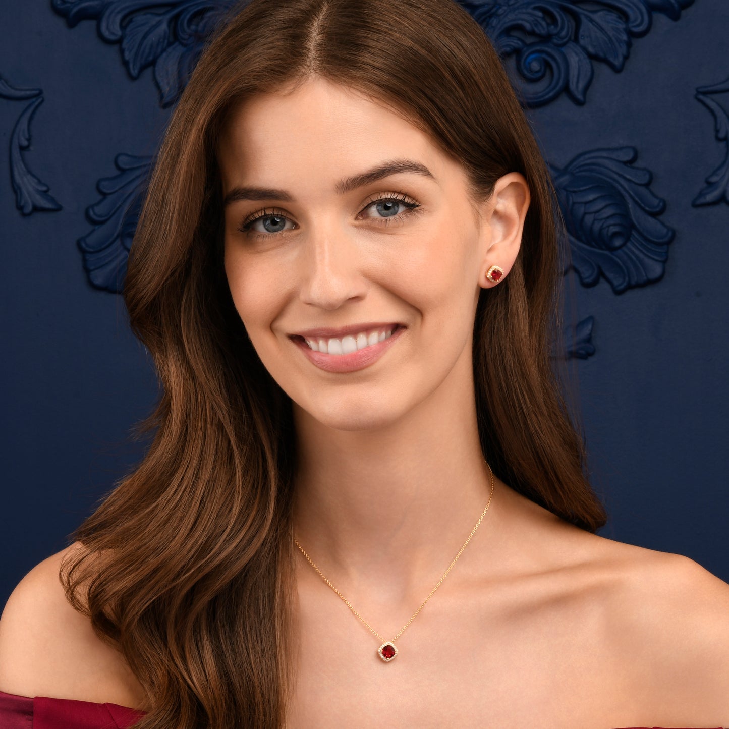 Gold Plated Sterling Silver Red Cubic Zirconia Cushion Halo Pendant Necklace