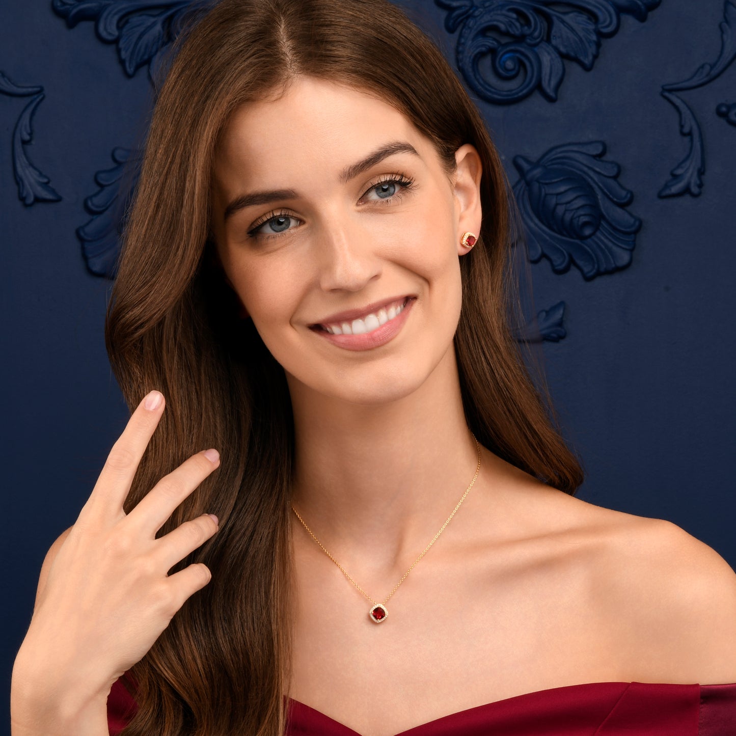 Gold Plated Sterling Silver Red Cubic Zirconia Cushion Halo Stud Earrings